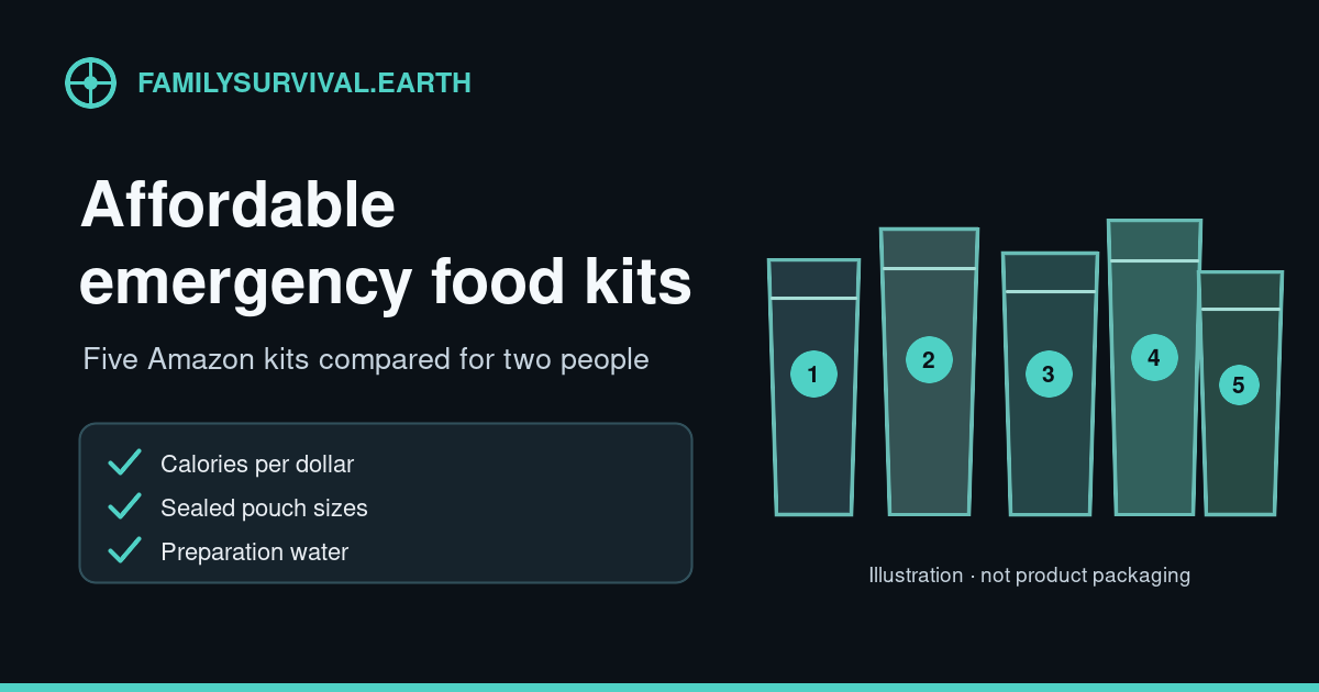 Five illustrated sealed food pouches beside a checklist for calories per dollar, pouch sizes, and preparation water