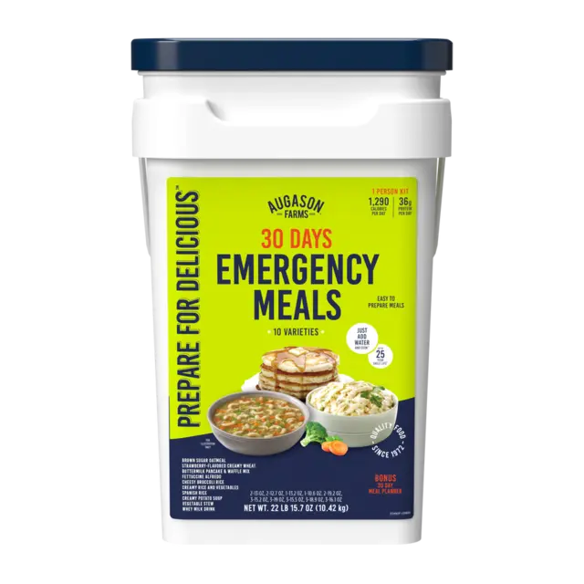 Augason Farms 30-Day 1-Person emergency food bucket with green label