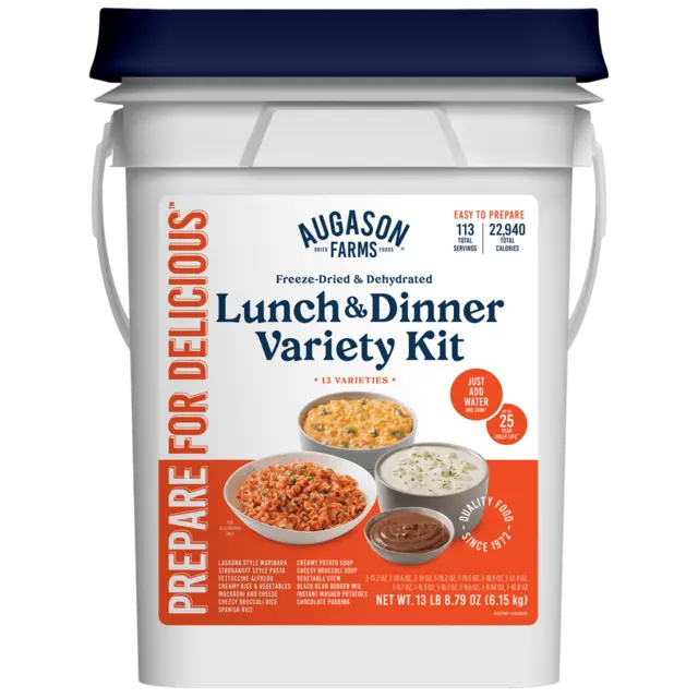 Augason Farms Lunch and Dinner Variety Pail with orange and white label