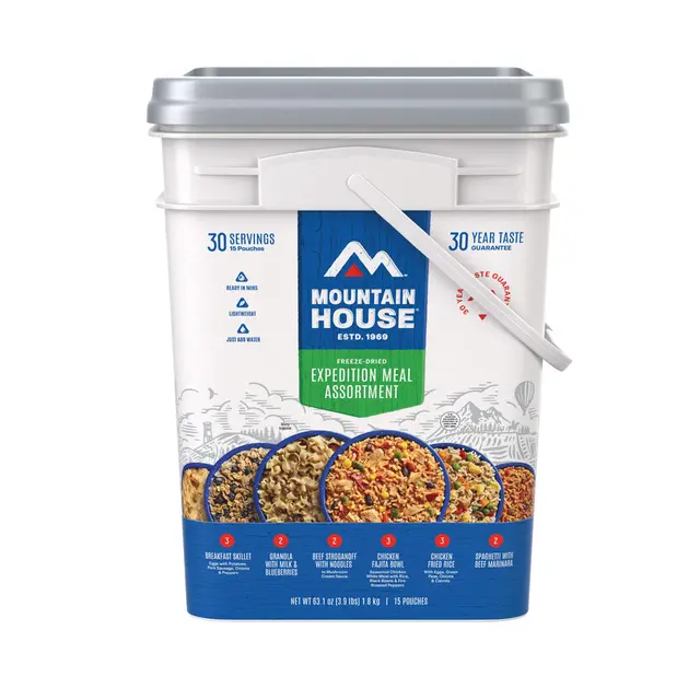 Mountain House Expedition Meal Assortment bucket with blue and white label