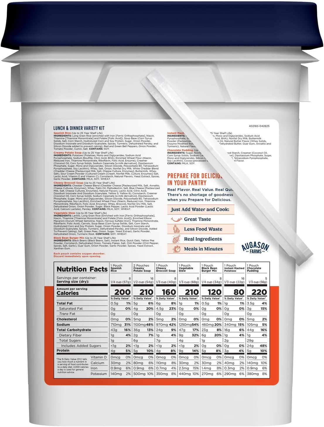 Augason Lunch and Dinner pail back label with nutrition facts for Spanish rice, soups, stew, potatoes, and pudding