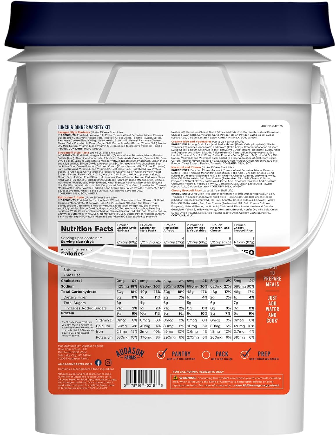 Augason Lunch and Dinner pail back label with nutrition facts for lasagna, stroganoff, alfredo, rice, macaroni, and broccoli rice; bucket handle obscures part of calorie row