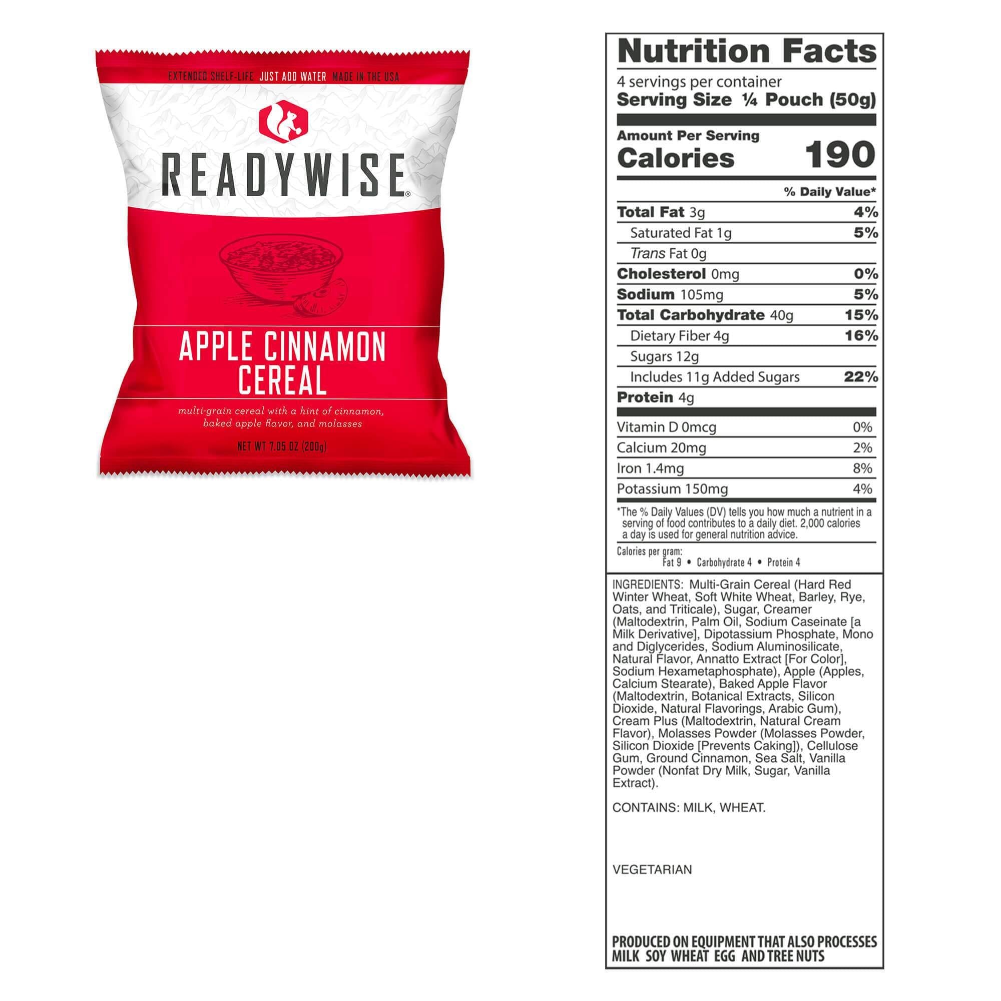 ReadyWise Apple Cinnamon Cereal pouch with nutrition facts showing 190 calories per serving