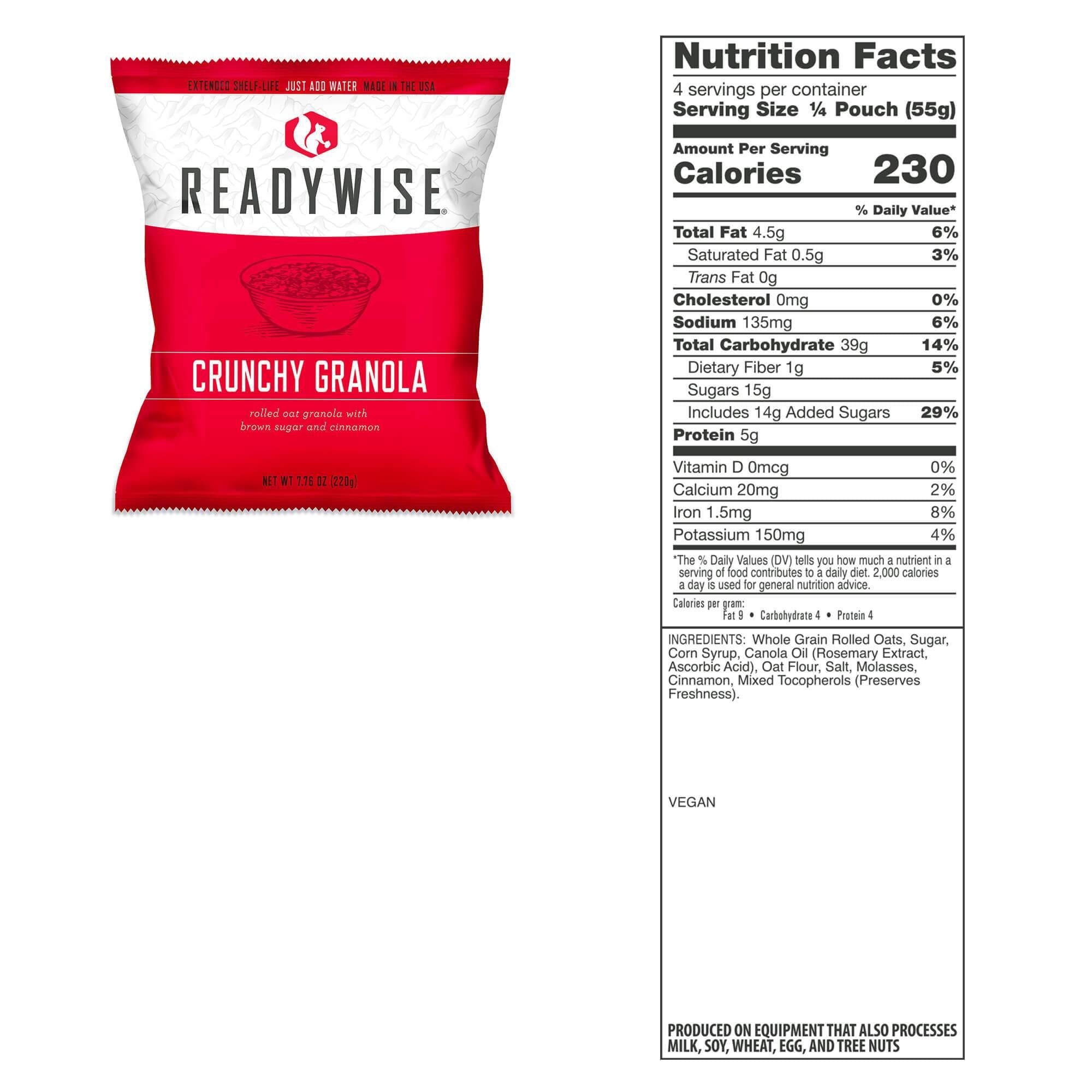 ReadyWise Crunchy Granola pouch with nutrition facts showing 230 calories per serving