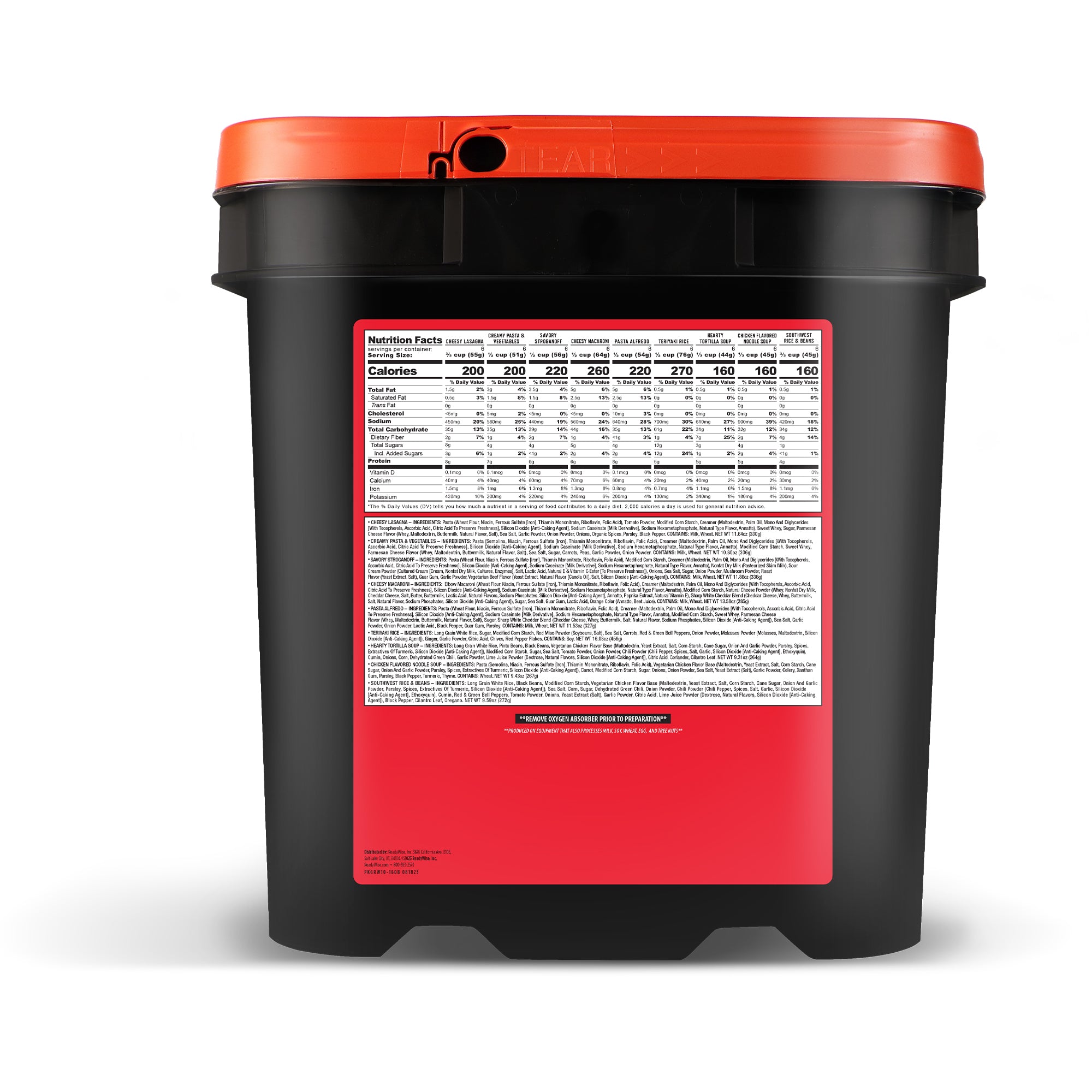 ReadyWise 60-serving entrée bucket back label with nutrition facts for nine meal varieties