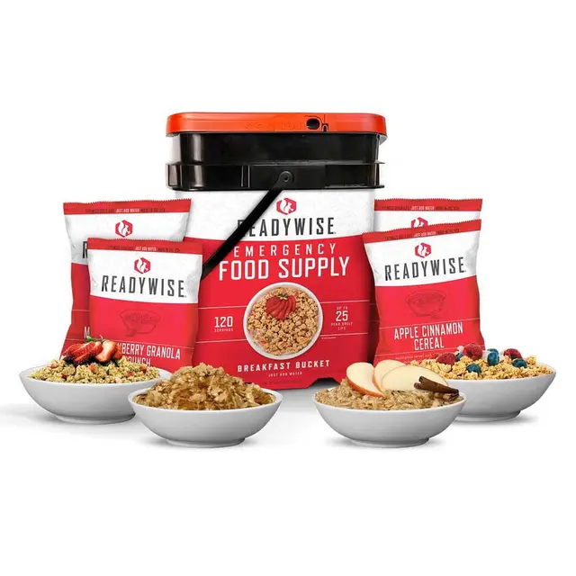 ReadyWise 120-serving breakfast bucket beside cereal and granola pouches