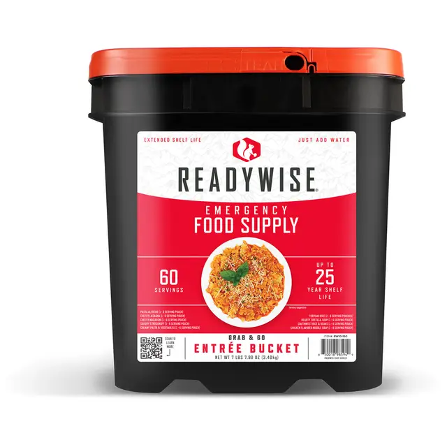 ReadyWise 60-serving entrée emergency food bucket with red lid